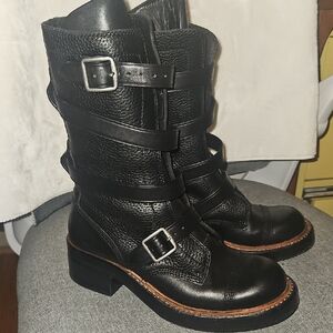 Coach Black Leather Moto Boots with Buckle Straps